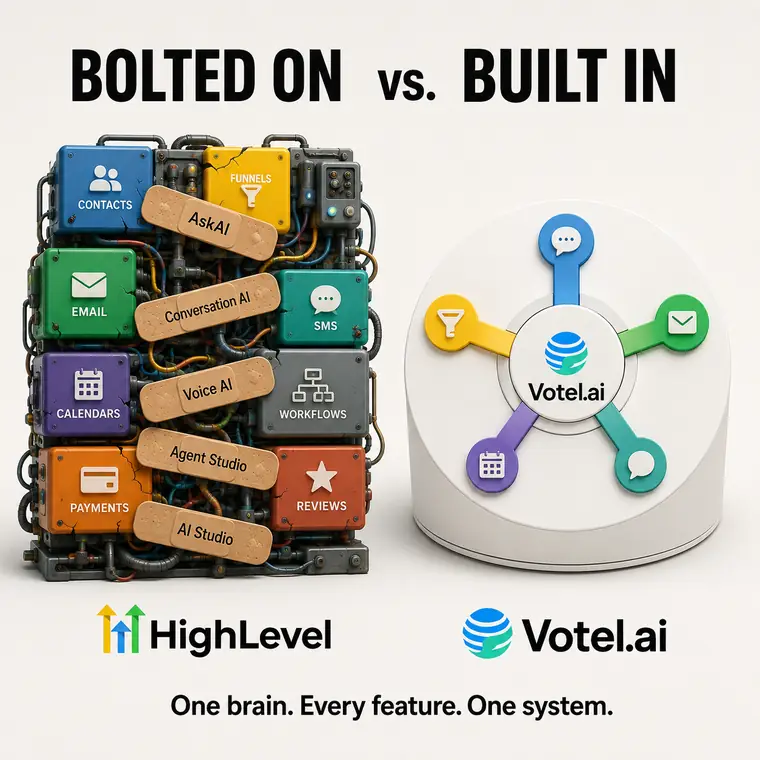 Editorial comparison showing a complex stack of connected HighLevel modules beside a unified Votel system