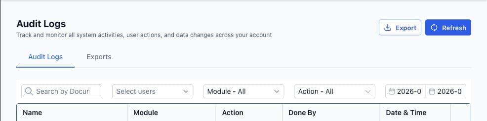 GoHighLevel Audit Logs page showing search, user, module, action, date, export, and refresh controls