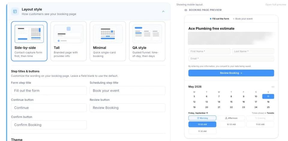 Votel calendar booking page layout selector with four layout choices and live preview