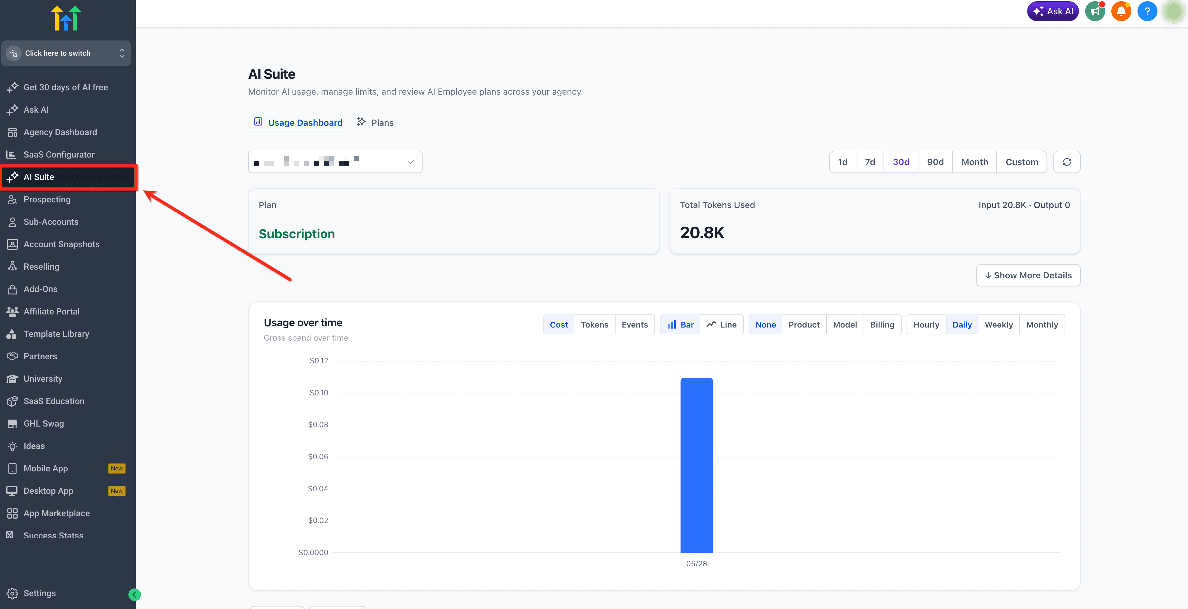 HighLevel AI Suite usage dashboard shown in official HighLevel documentation