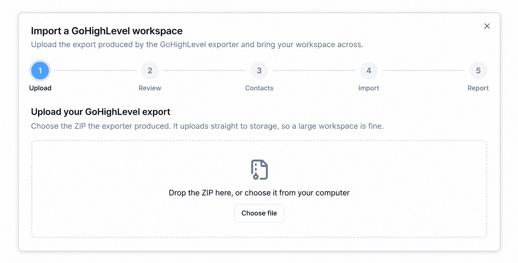 Votel Import a GoHighLevel workspace dialog with Upload, Review, Contacts, Import, and Report steps