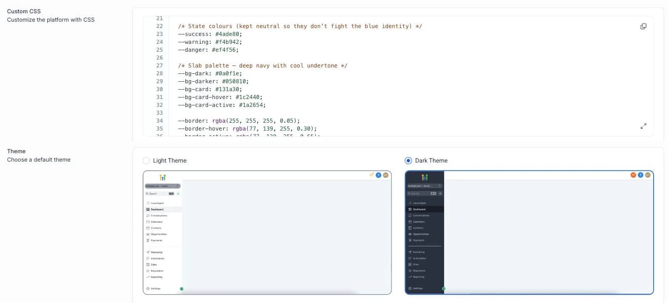 HighLevel custom CSS area for deeper white-label styling