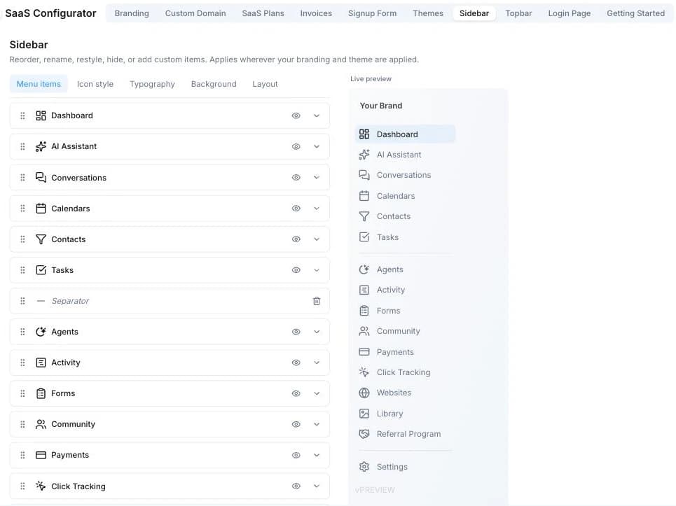 Votel sidebar menu customizer