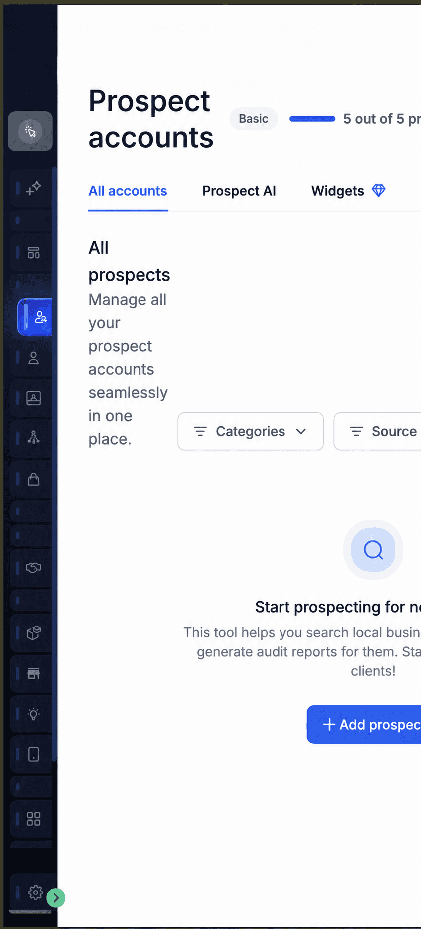 HighLevel Prospect Accounts desktop web interface displayed in a narrow mobile viewport, with text and controls compressed across the page