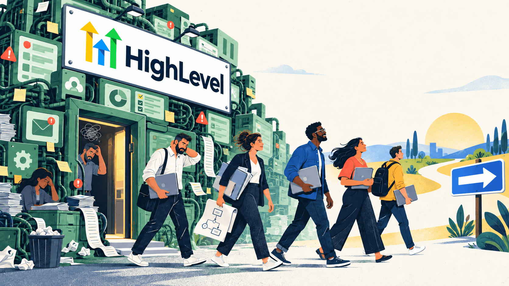 Agency owners carrying laptops and workflow plans away from an overloaded all-in-one software machine