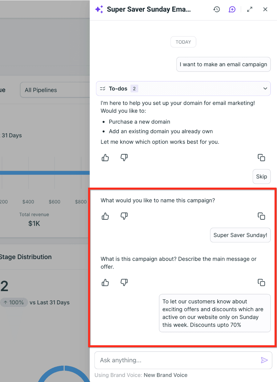 HighLevel Email Campaign Agent asking an operator for campaign details in Ask AI