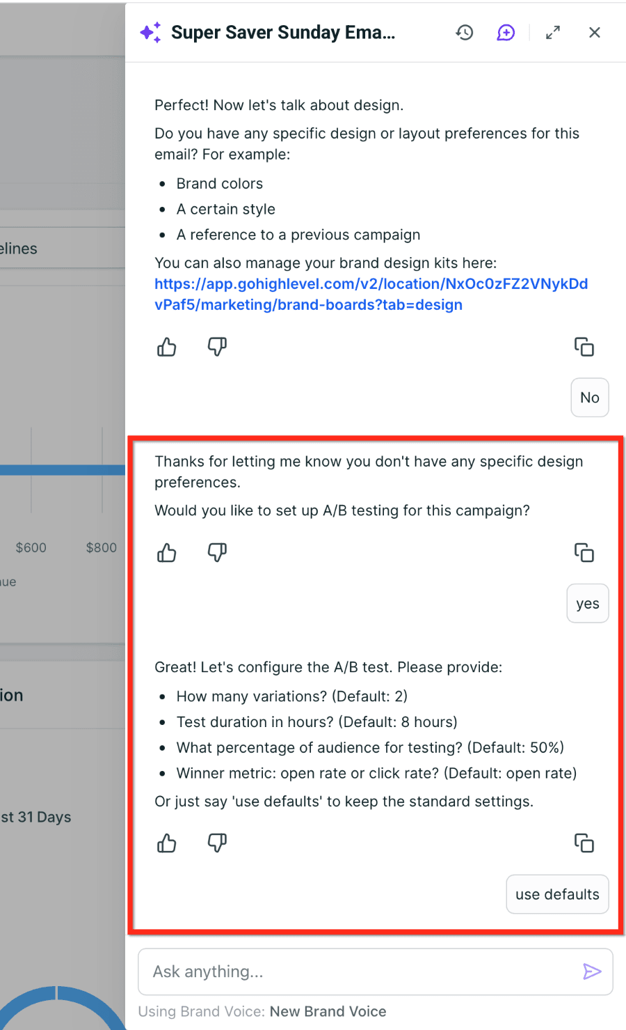 HighLevel Email Campaign Agent configuring campaign A/B testing options