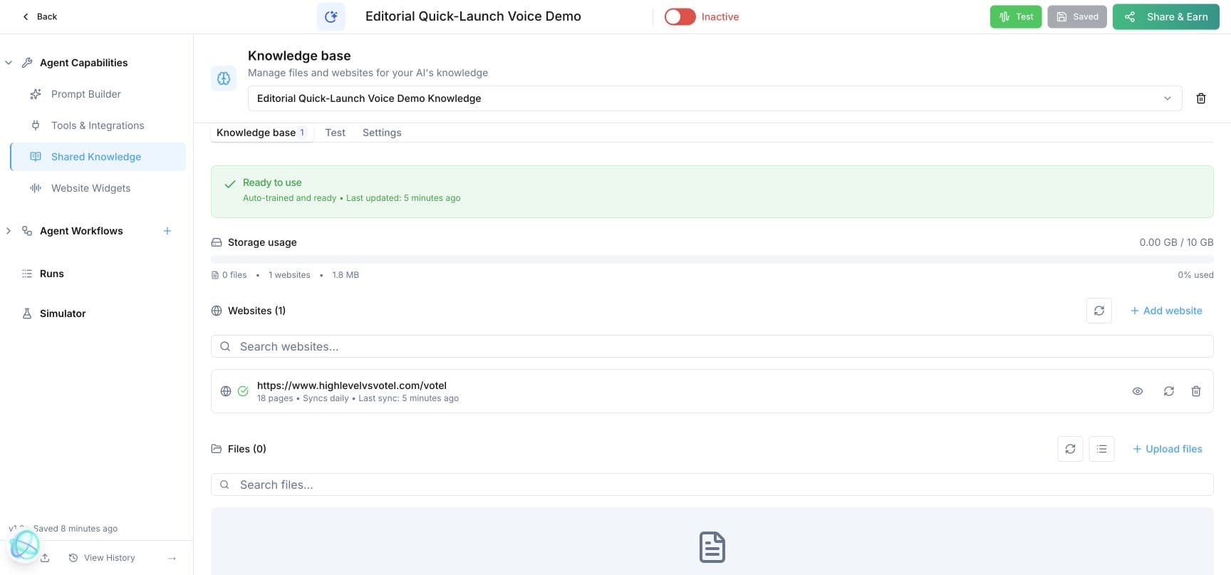 Votel Shared Knowledge showing a ready website source with 18 crawled pages and daily synchronization