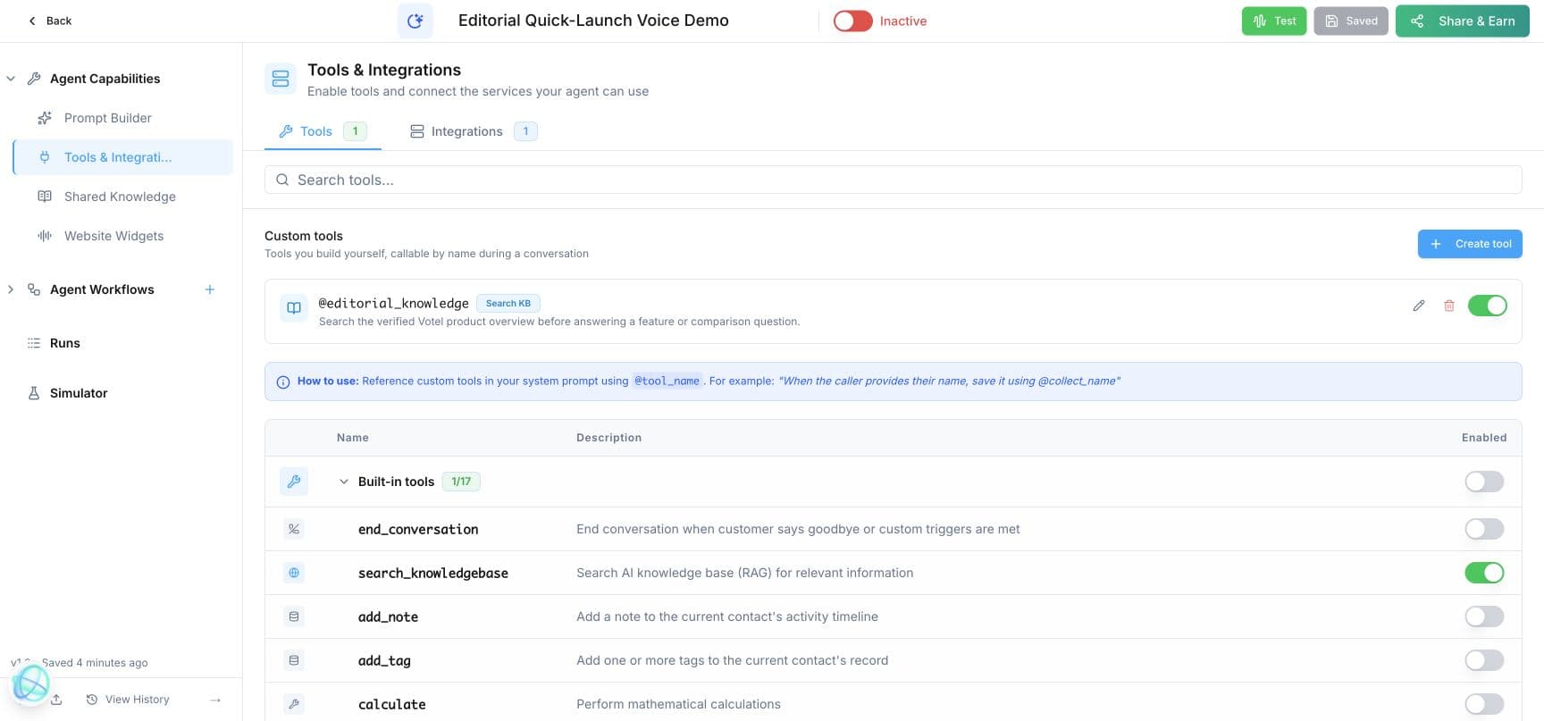 Votel Tools and Integrations screen with a custom knowledge tool and individually enabled built-in tools