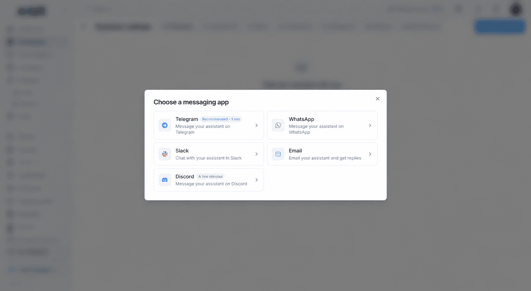 Votel AI Assistant channel options for Telegram, WhatsApp, Slack, Email, and Discord