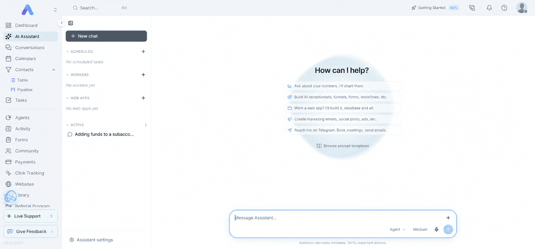 Votel AI Assistant page showing assistant tools and workspace navigation