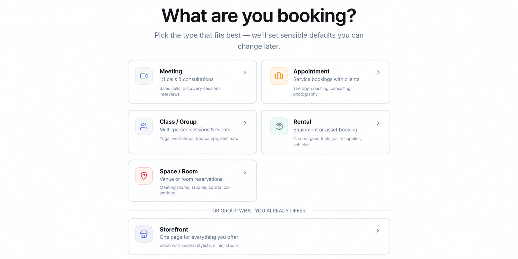 Votel bookable type selector showing Meeting, Appointment, Class or Group, Rental, Space or Room, and Storefront