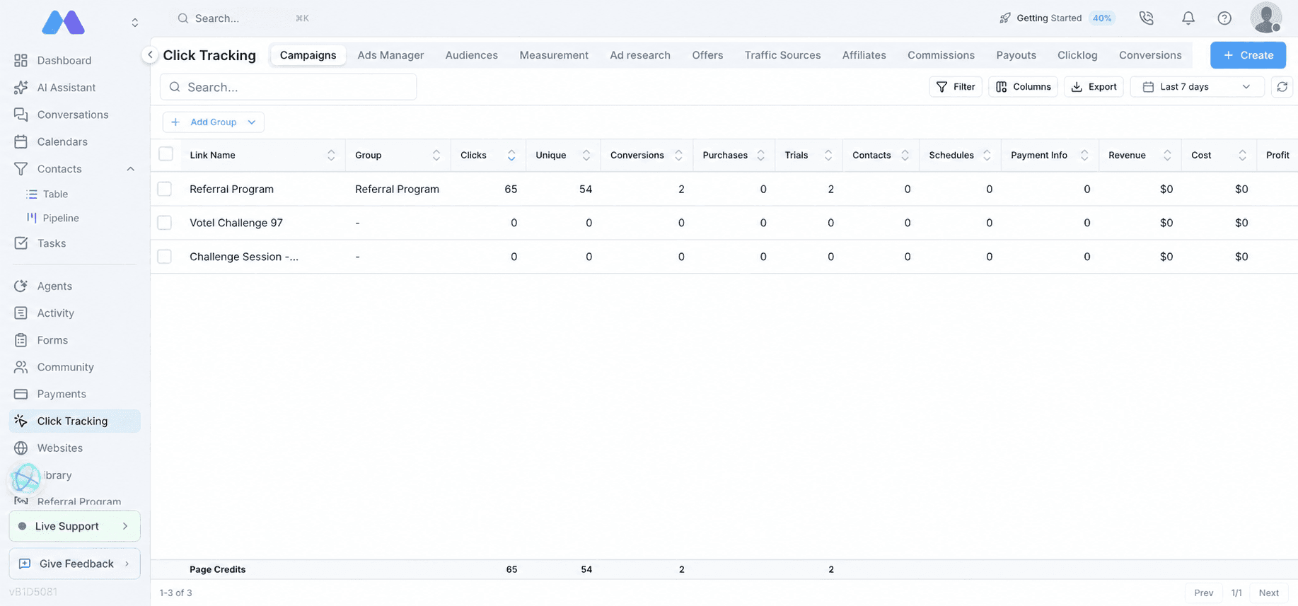 Votel Click Tracking navigation and campaign interface