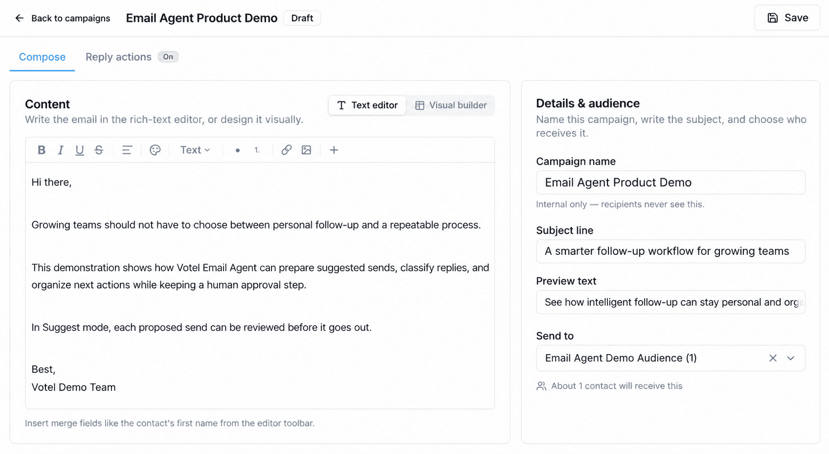 Populated Votel Email Agent campaign draft with content and audience details
