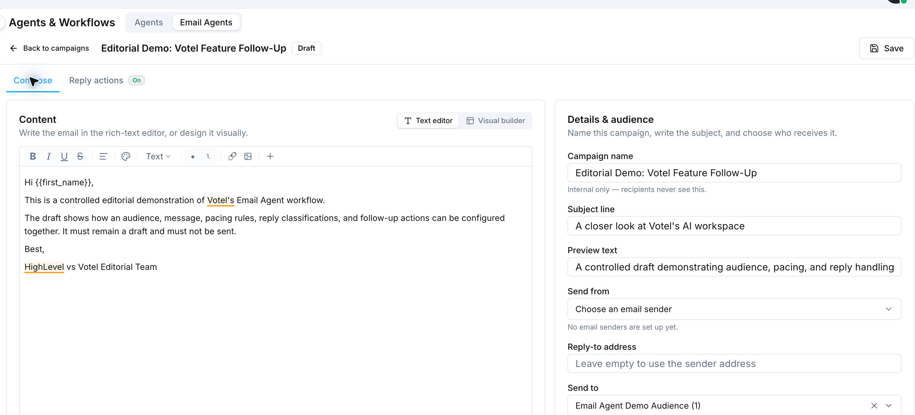 Populated Votel Email Agent draft with campaign copy, subject, preview text, and one-contact audience