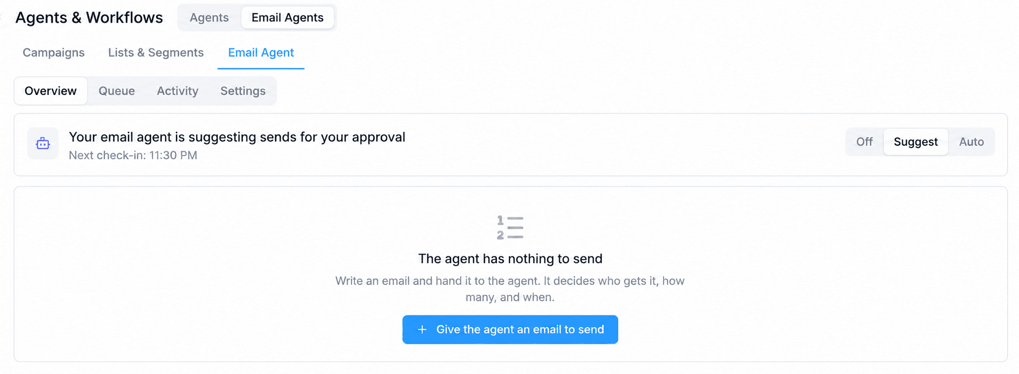 Votel Email Agent showing queue, activity, settings, and operating modes