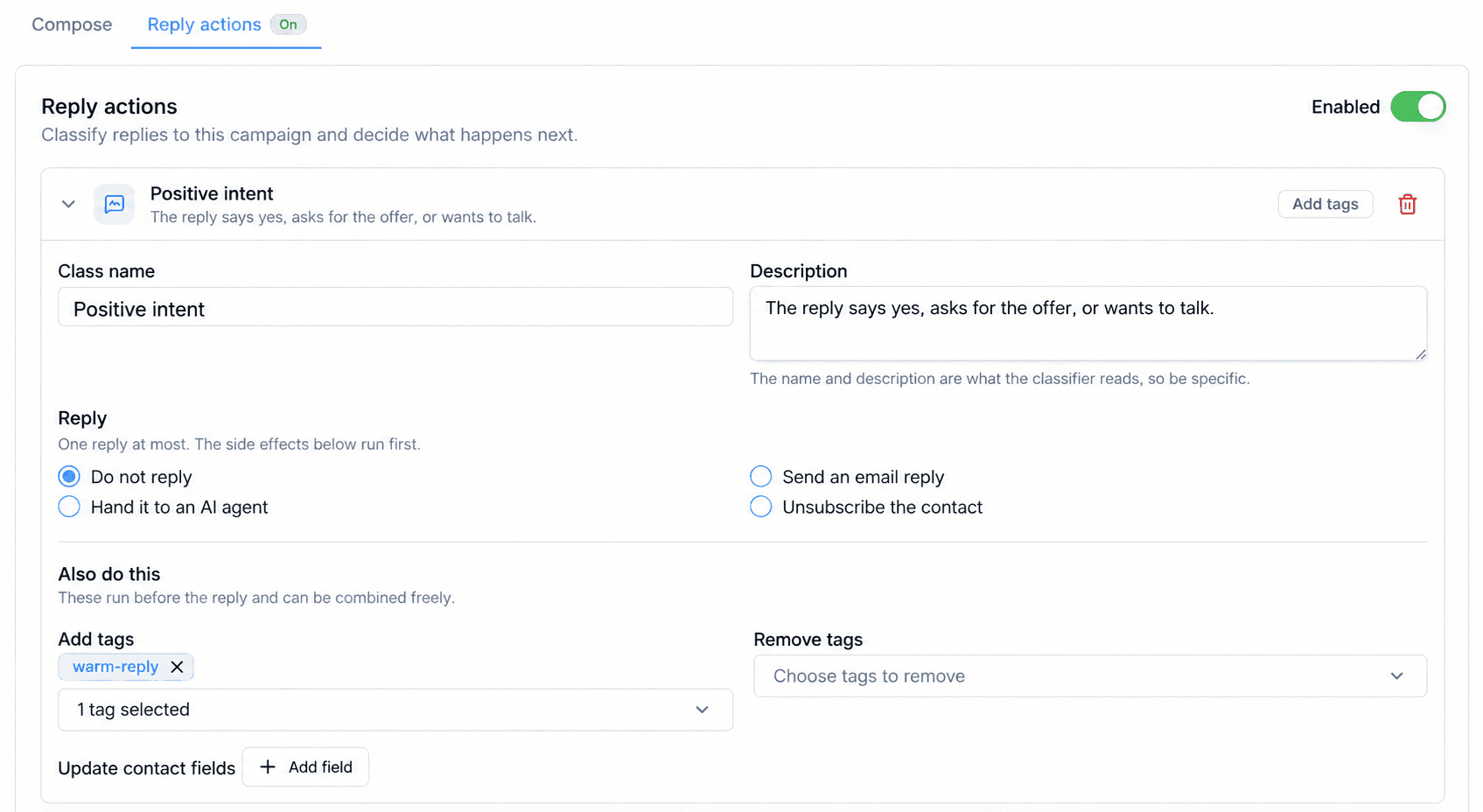 Votel Email Agent positive-intent classification and automated reply actions