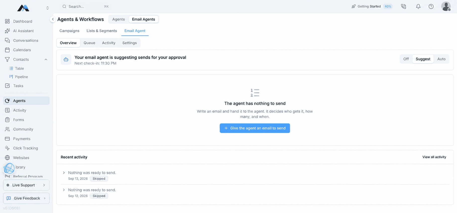Votel Email Agent campaign configuration interface