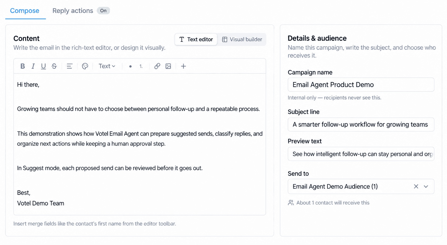 Votel Email Agent campaign audience and eligibility controls
