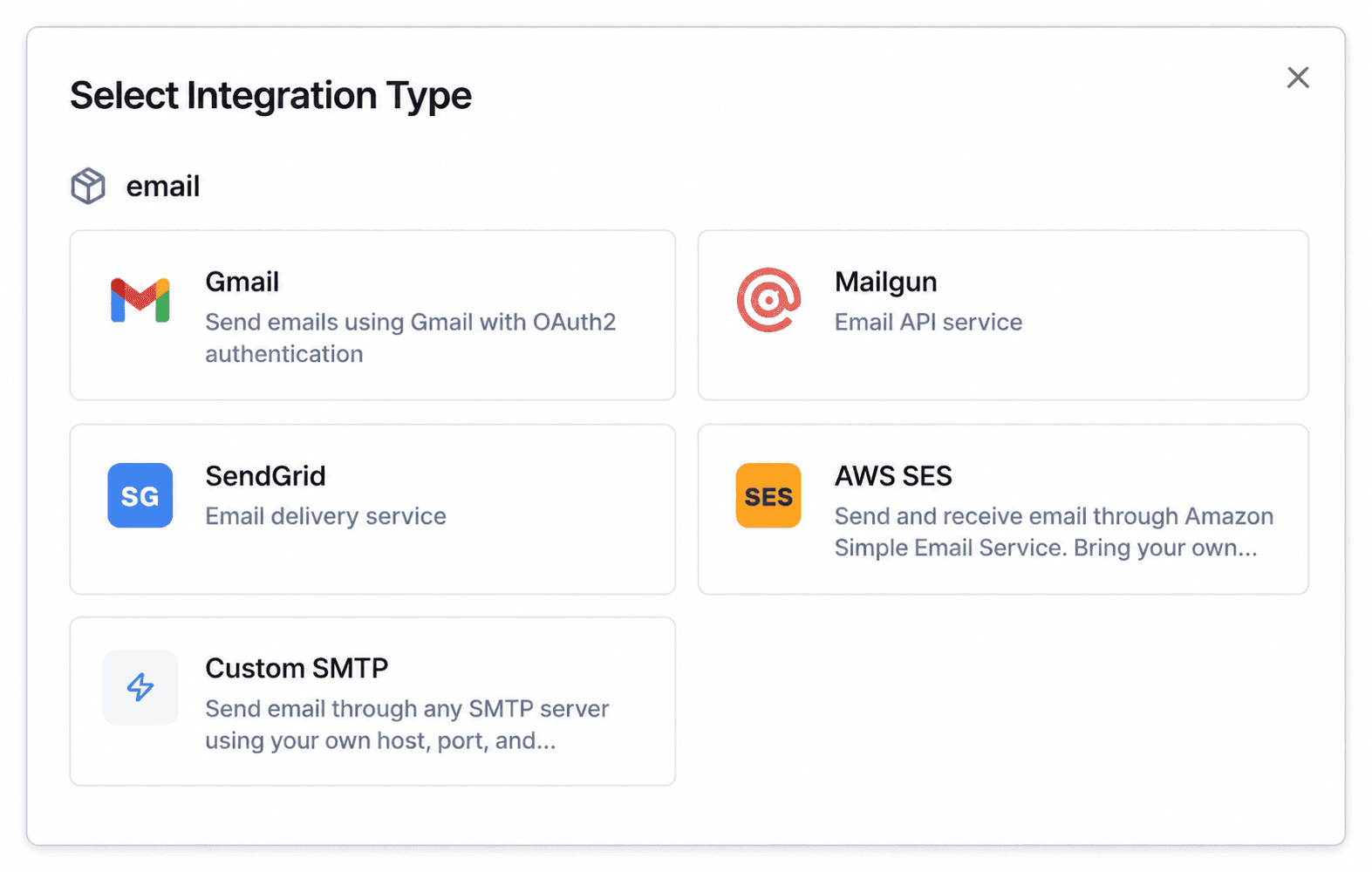 Votel email provider choices including Gmail, Mailgun, SendGrid, AWS SES, and custom SMTP