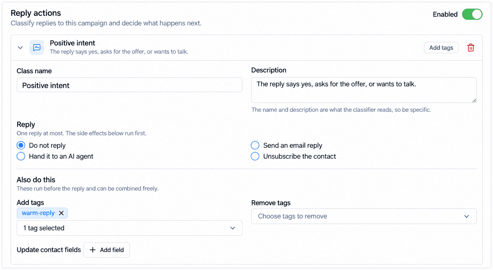 Votel Email Agent reply classification and response action controls