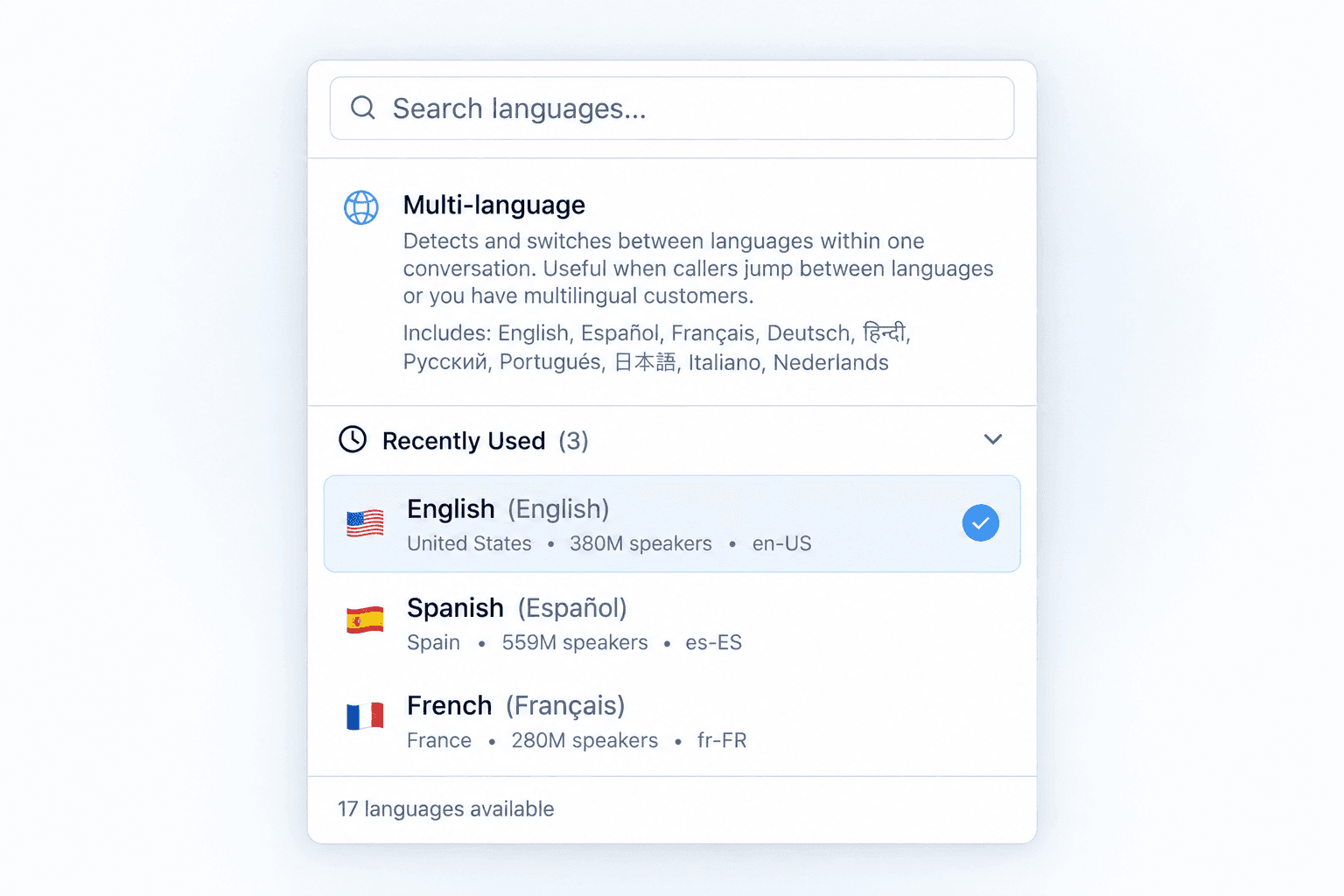 Votel language picker with multilingual mode and 17 language options