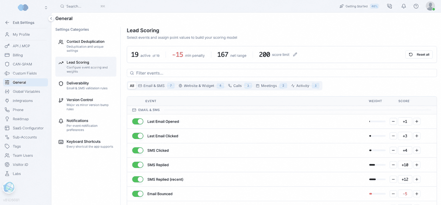 Votel lead scoring settings