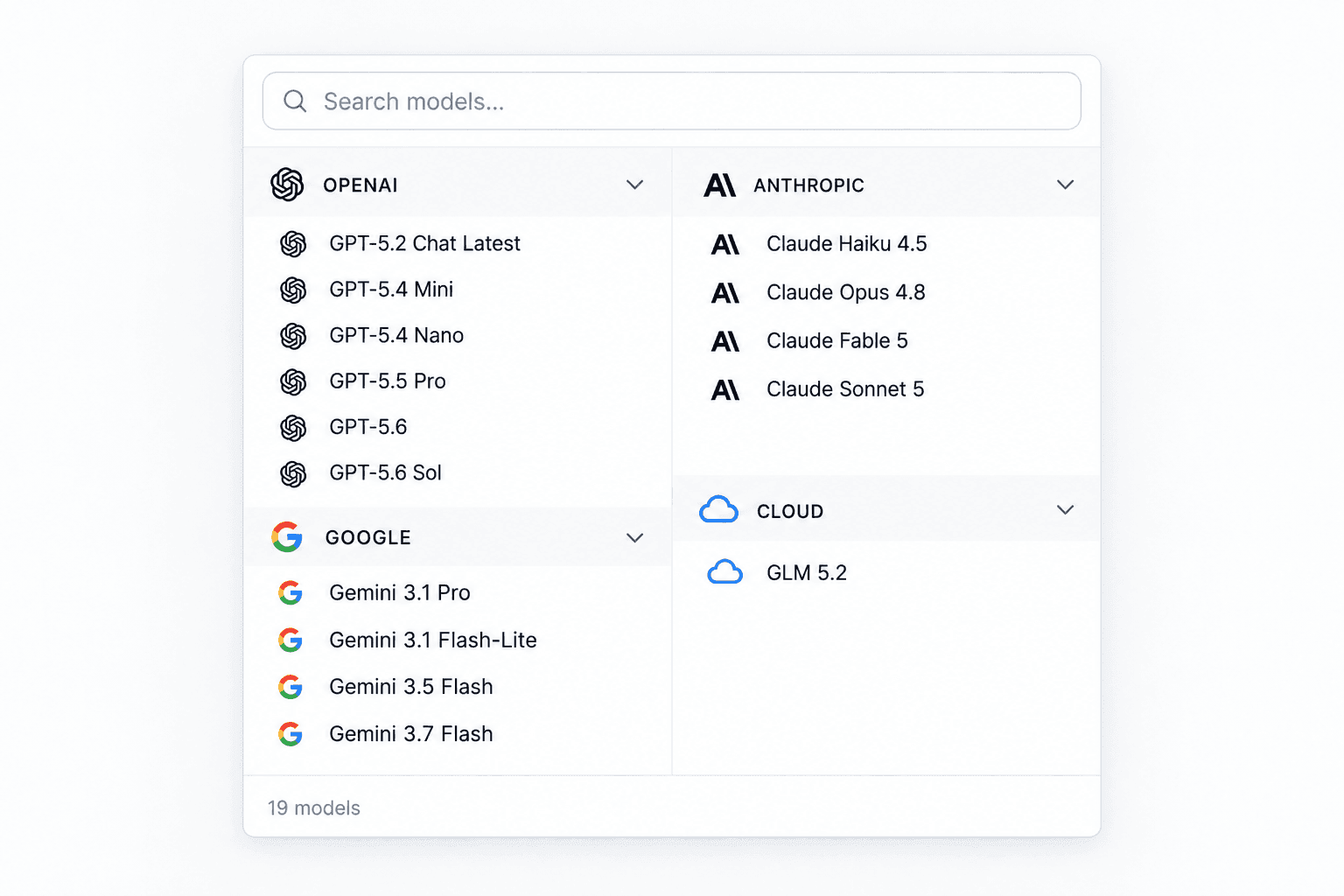 Votel model picker showing models from OpenAI, Google, Anthropic, and Cloud