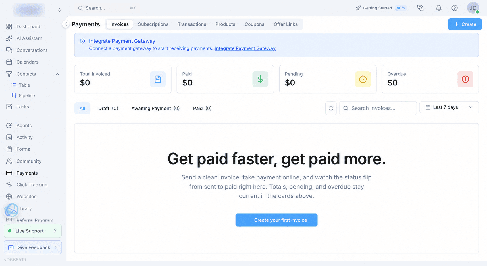 Votel payments and invoices workspace