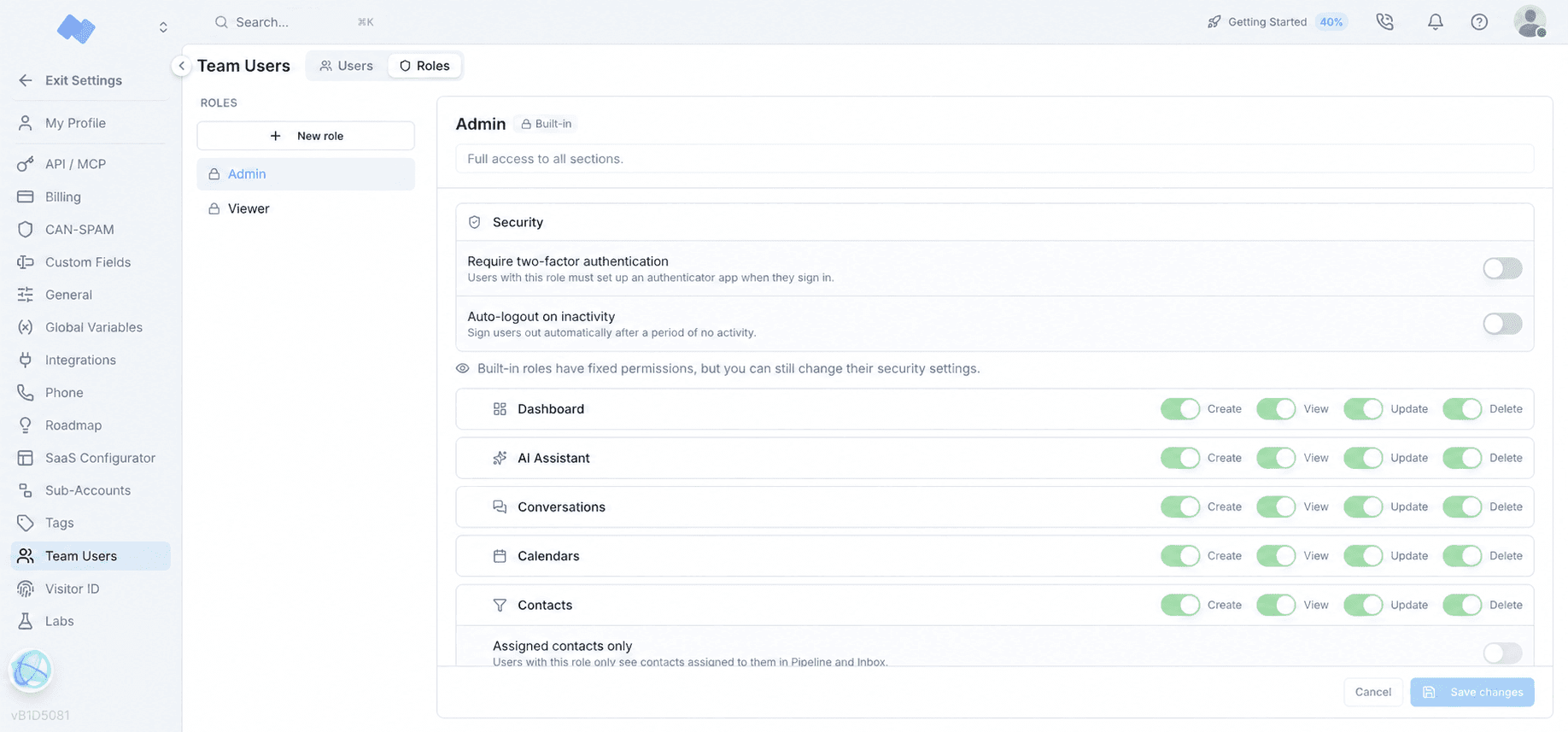 Votel team role permissions interface