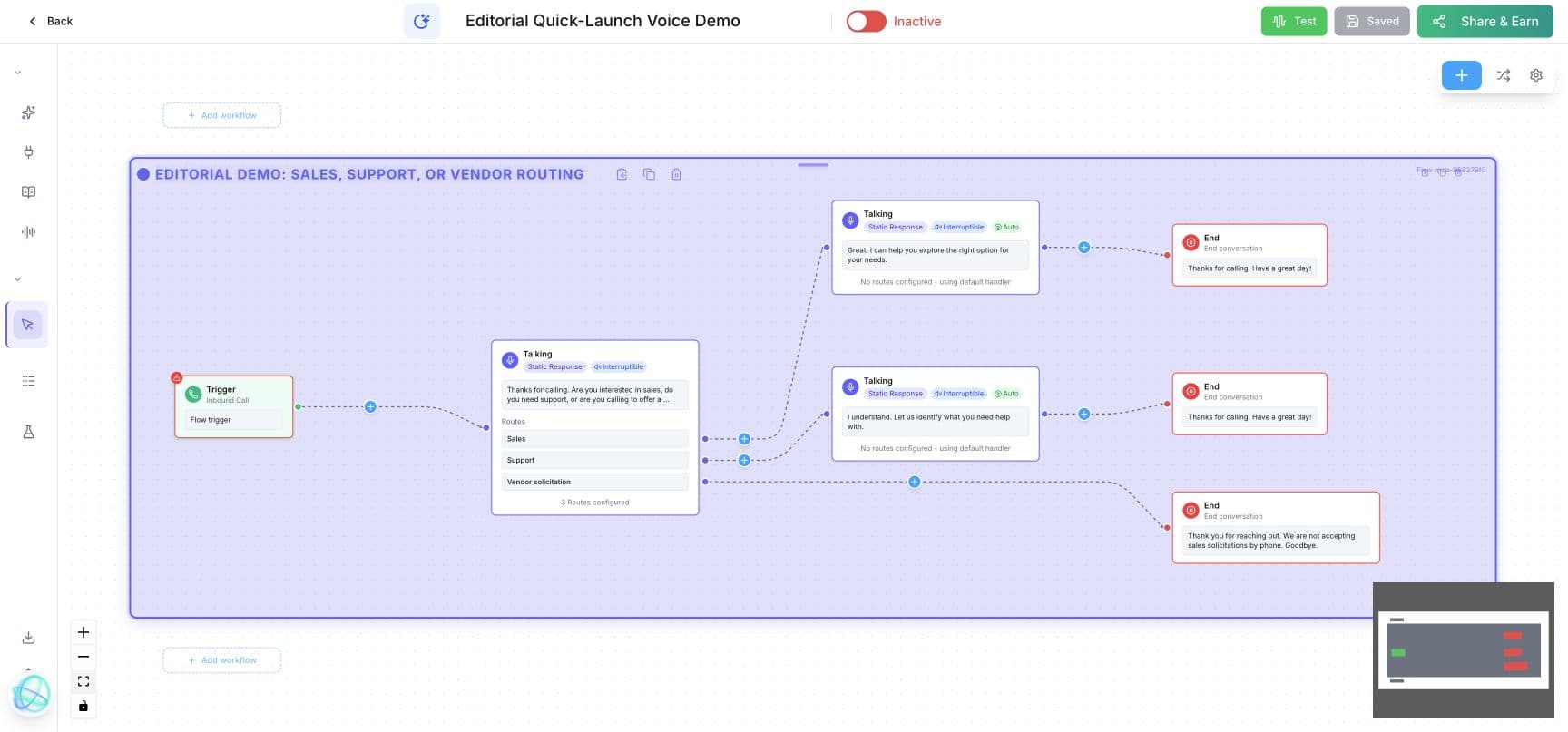 Votel workflow canvas routing an inbound call to sales, support, or vendor solicitation paths