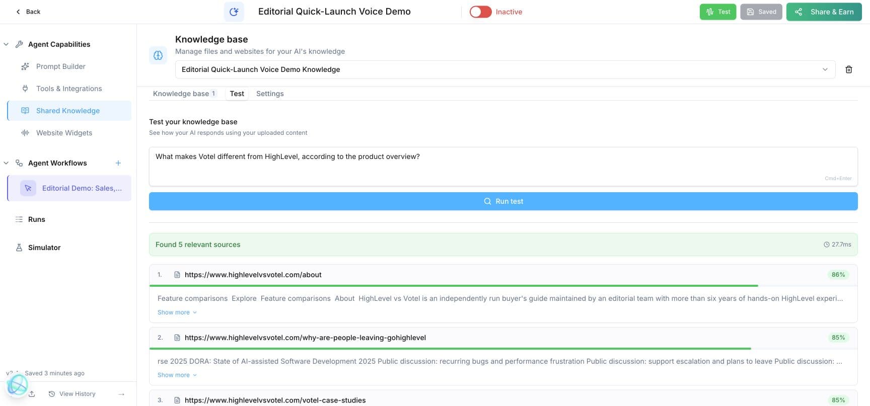 Votel Shared Knowledge test returning five relevant sources from the editorial website