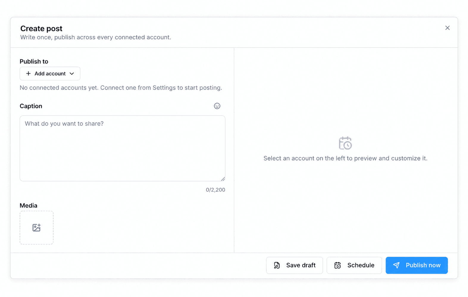 Votel Create post composer with account, caption, media, preview, draft, schedule, and publish controls