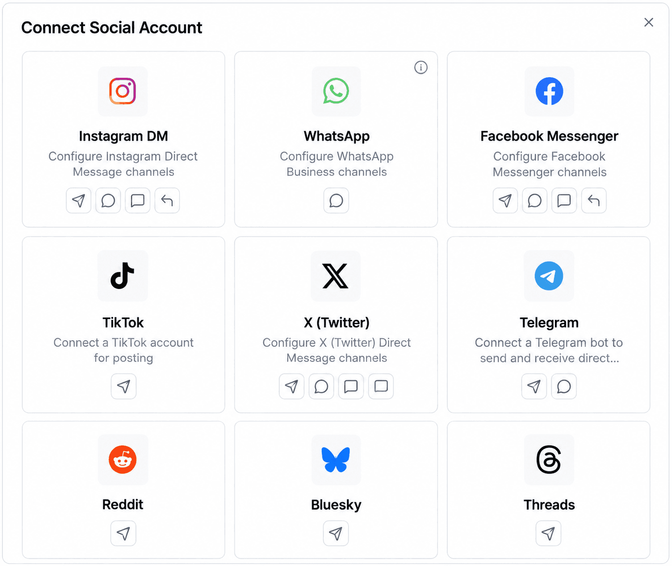 Votel social connection cards for Instagram, WhatsApp, Facebook Messenger, TikTok, X, Telegram, Reddit, Bluesky, and Threads