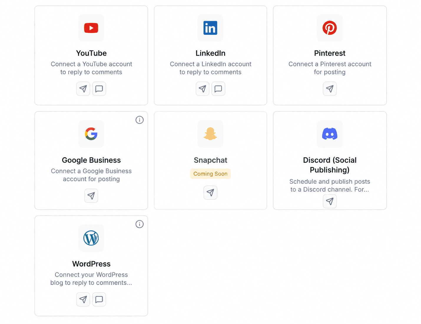 Votel social connection cards for YouTube, LinkedIn, Pinterest, Google Business, Snapchat, Discord, and WordPress