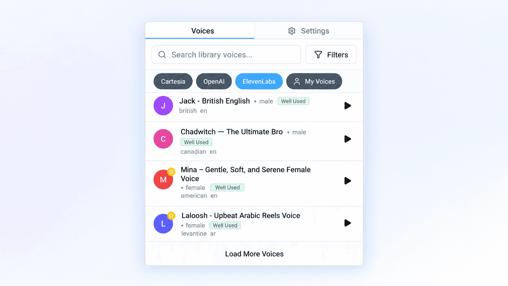 Votel voice picker with Cartesia, OpenAI, ElevenLabs, and My Voices tabs