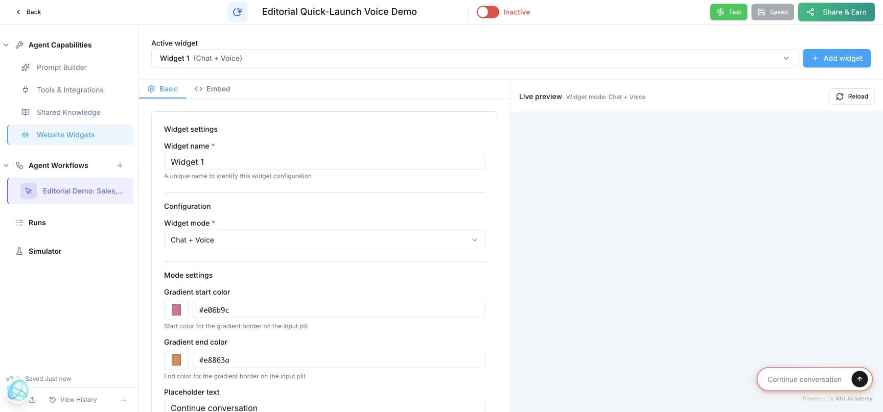 Votel website widget editor showing chat and voice mode, branding controls, appearance settings, and a live preview