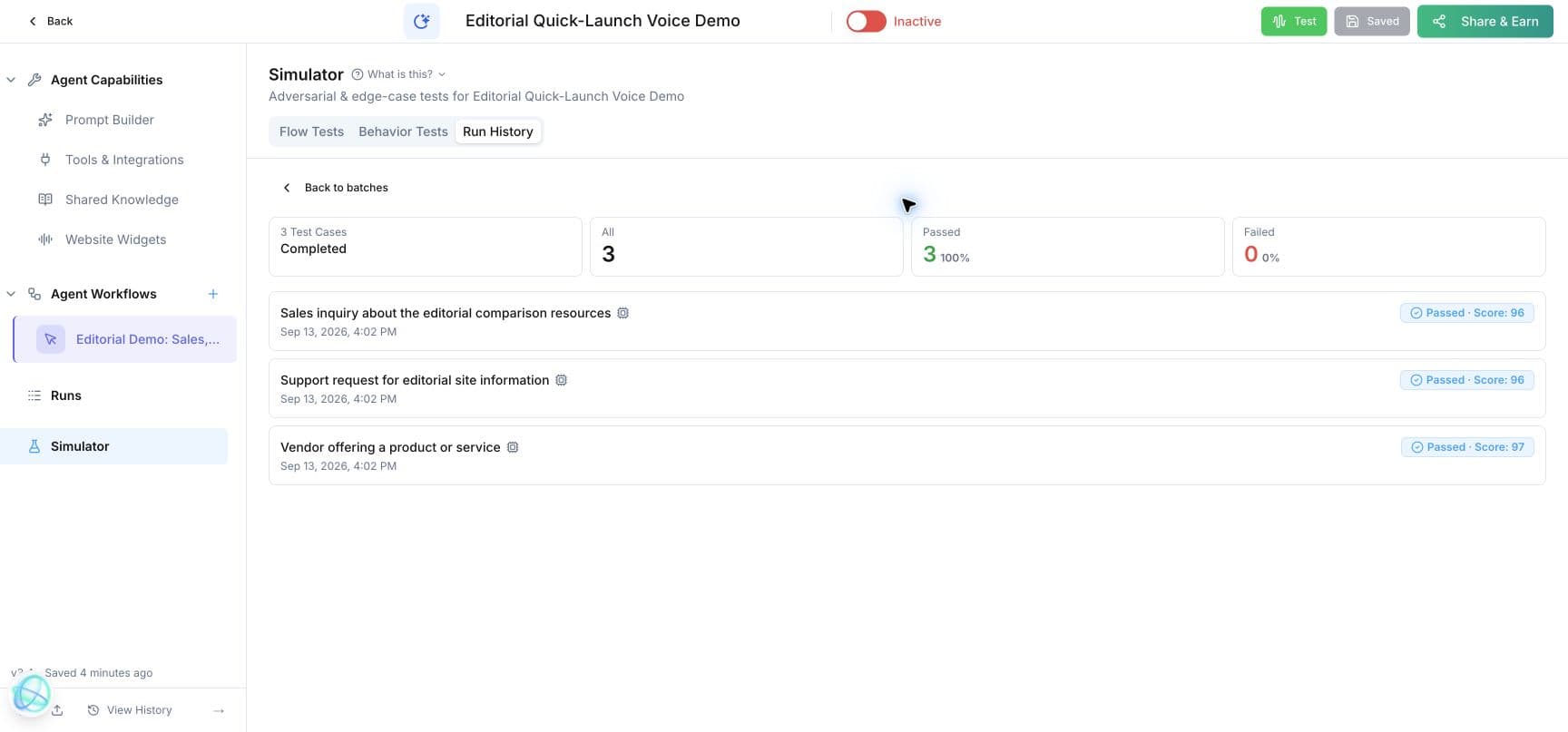 Votel workflow simulator showing all three sales, support, and vendor-routing paths passed